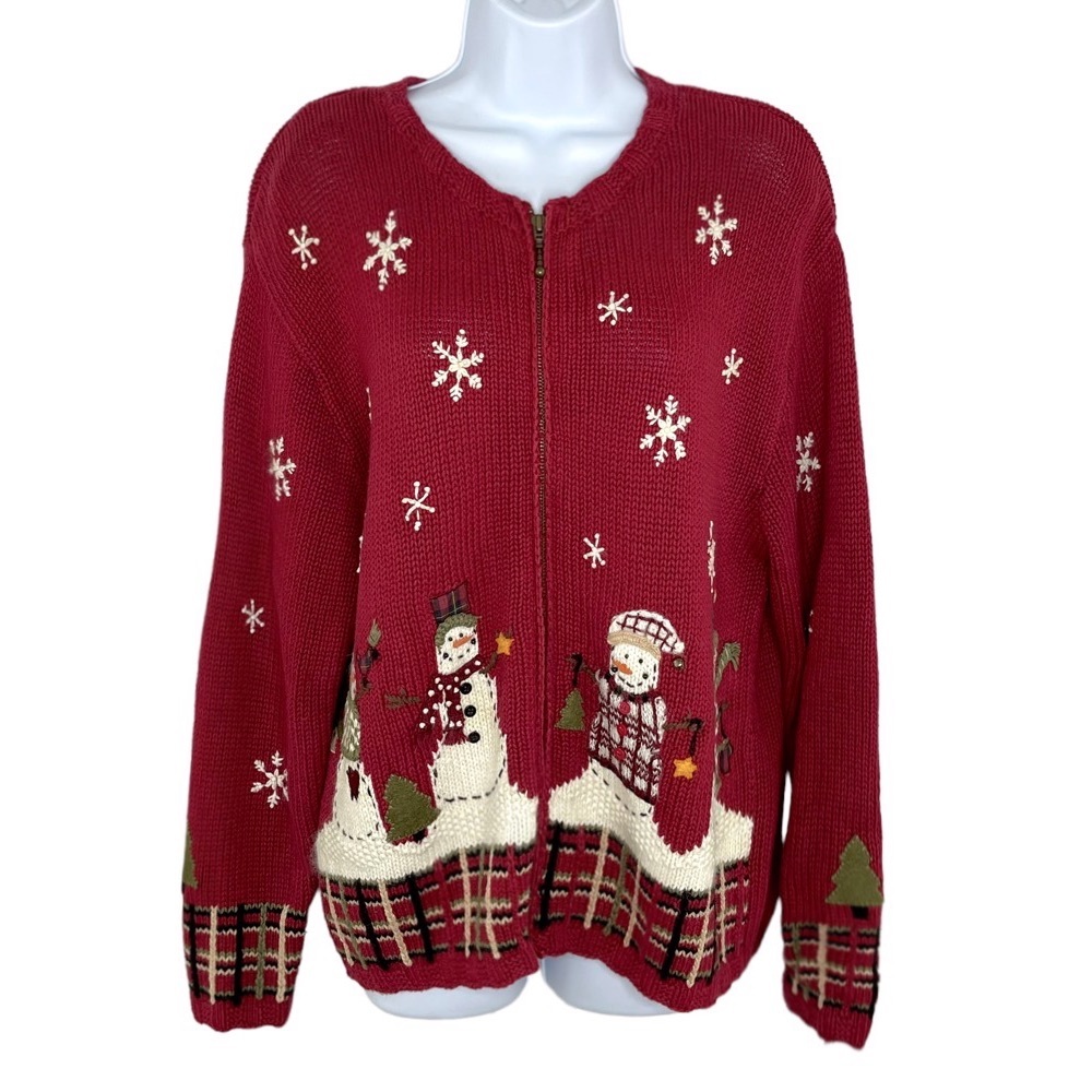 Croft & Barrow Red Snowman Winter Cardigan Zip Up Sweater Size M